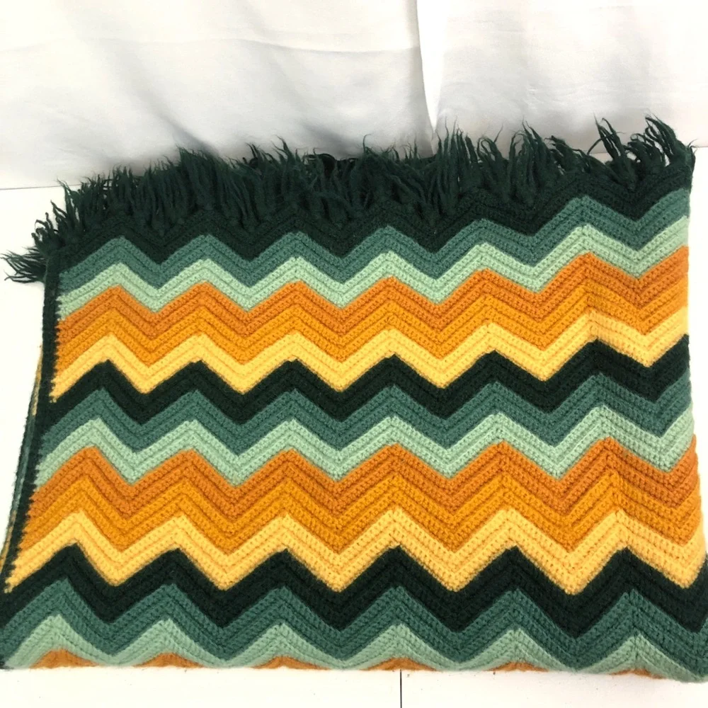 Chevron Patterned Afghan Fringe Blanket 70” x 50” Greens Golds